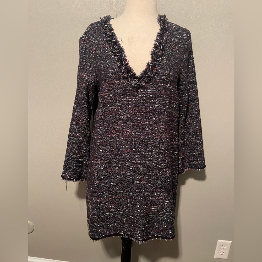 Zara Women's Black Tweed Fringe Tunic V-Neck Dress